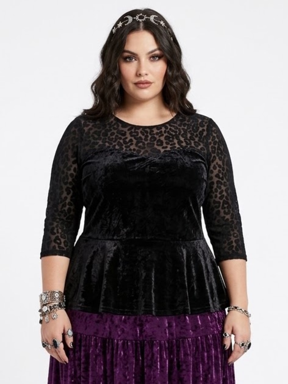 Whimsigoth Black Velvet Burnout Witchy Peplum Top Cheetah Sweetheart Neckline